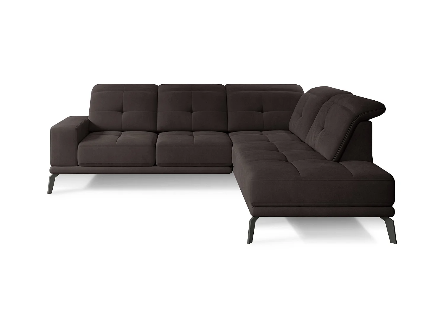 Canapé d'angle droit design matelassé tissu doux brillant marron et pied noir Kazane 275cm