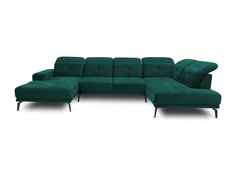 Canapé panoramique moderne velours vert foncé têtières angle droit Versus 350cm