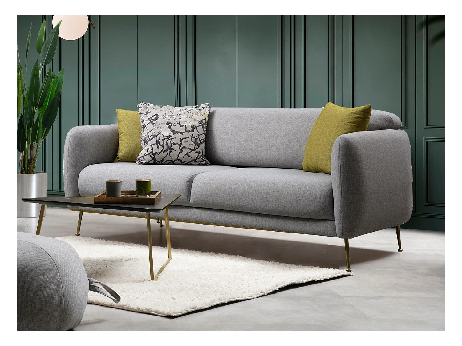 Canapé moderne 3 places tissu gris clair et pieds métal noir Kezila 214cm
