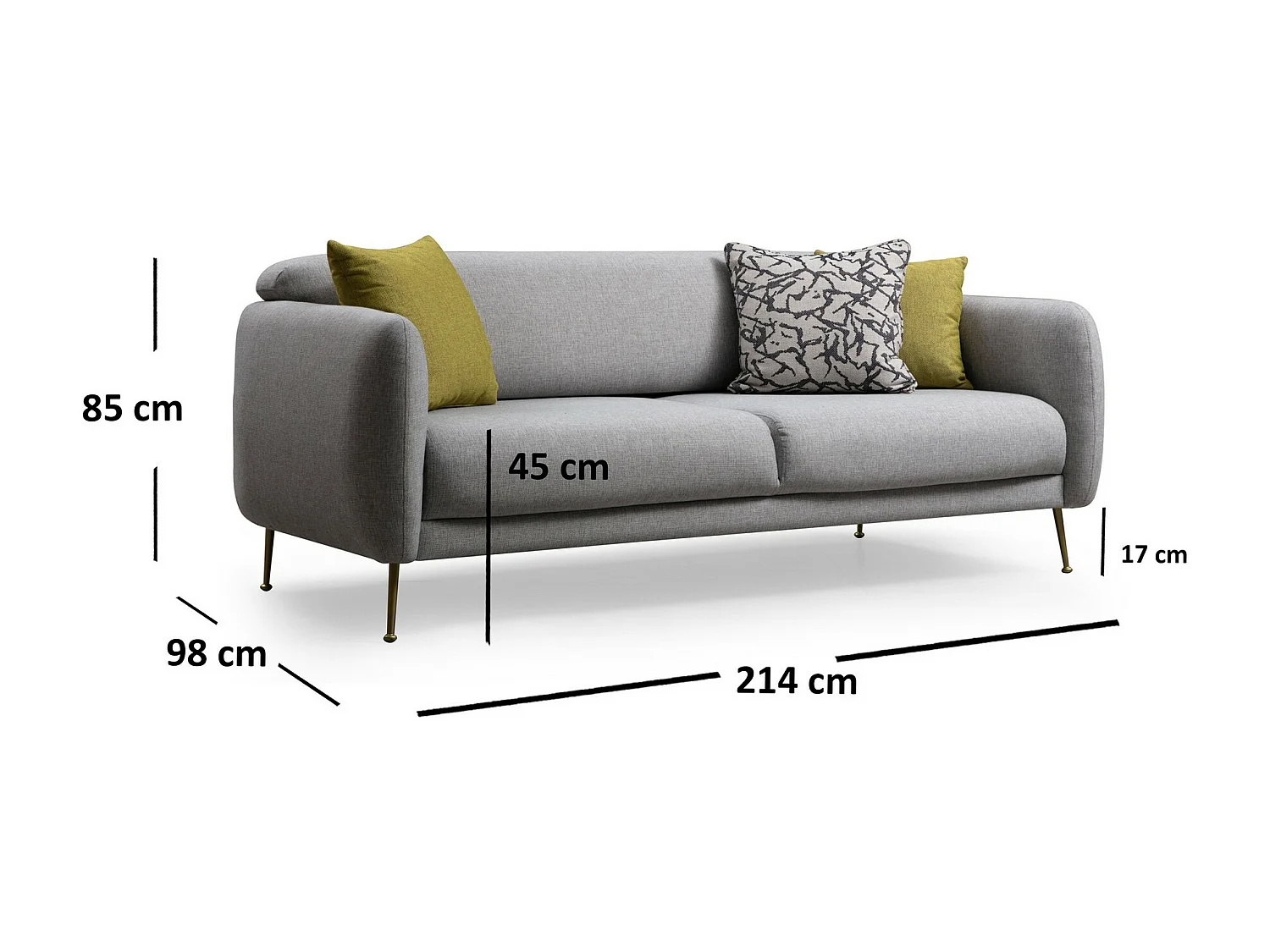 Canapé moderne 3 places tissu gris clair et pieds métal noir Kezila 214cm