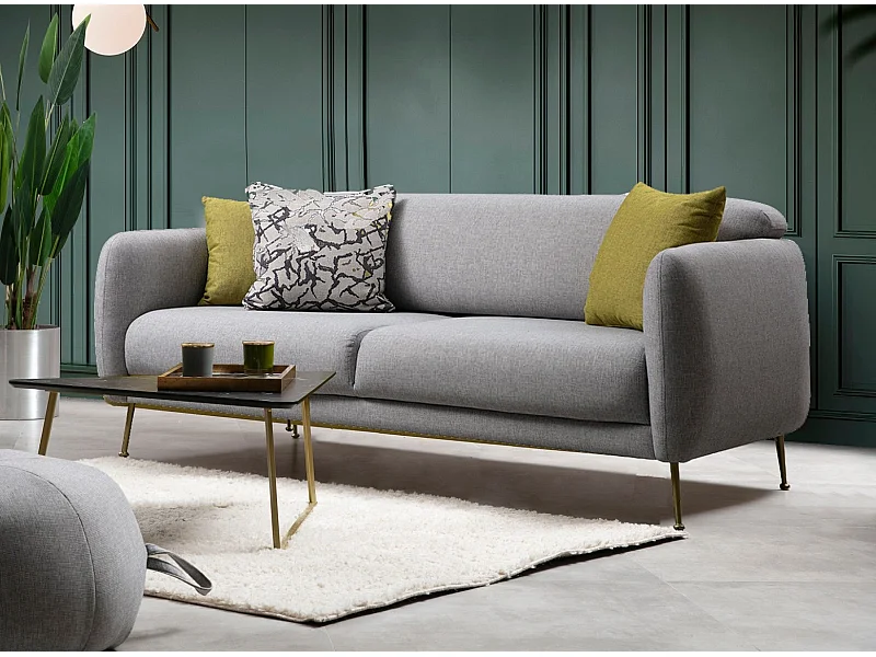 Canapé moderne 3 places tissu gris clair et pieds métal noir Kezila 214cm