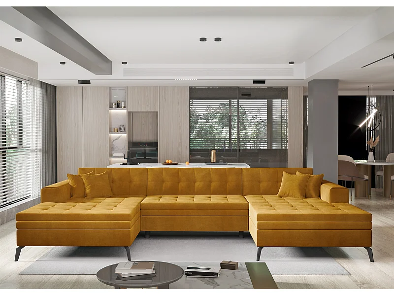 Panoramische slaapbank in zacht glanzende stof gewatteerd oranje Romy 350 cm