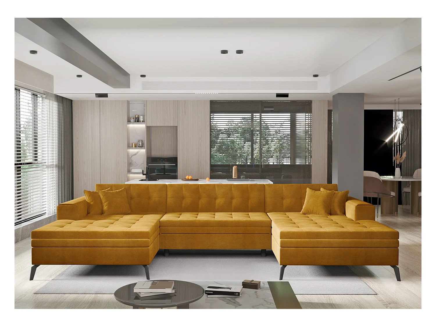 Canapé panoramique convertible tissu doux brillant capitonné orange Romy 350cm