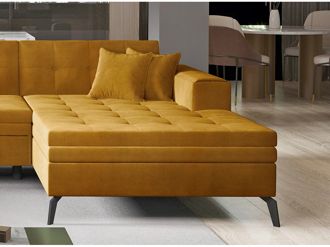 Canapé d'angle panoramique convertible 5 places en tissu capitonné orange ROMY