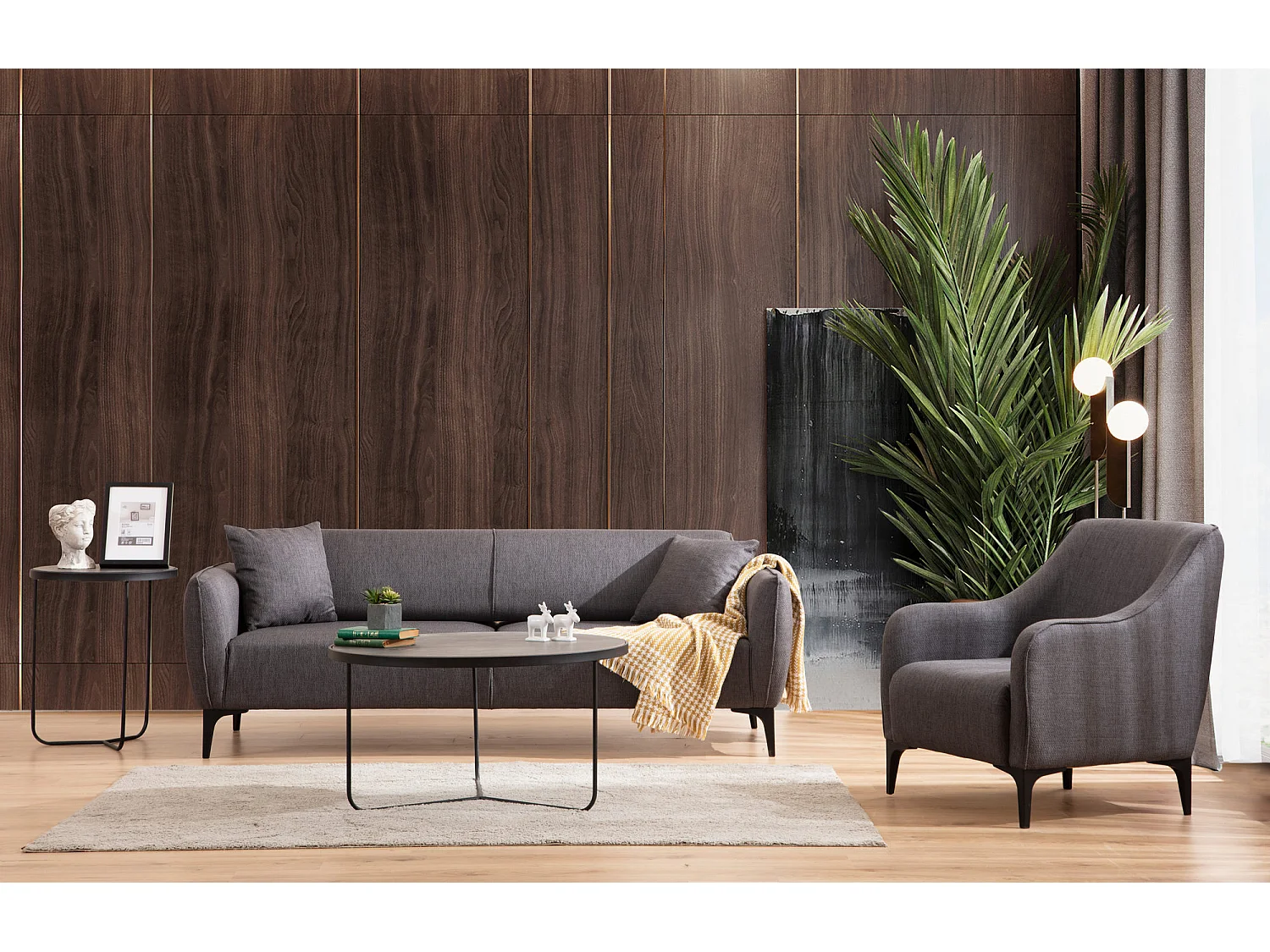 Canapé droit 3 places tissu gris foncé Bellano 220cm