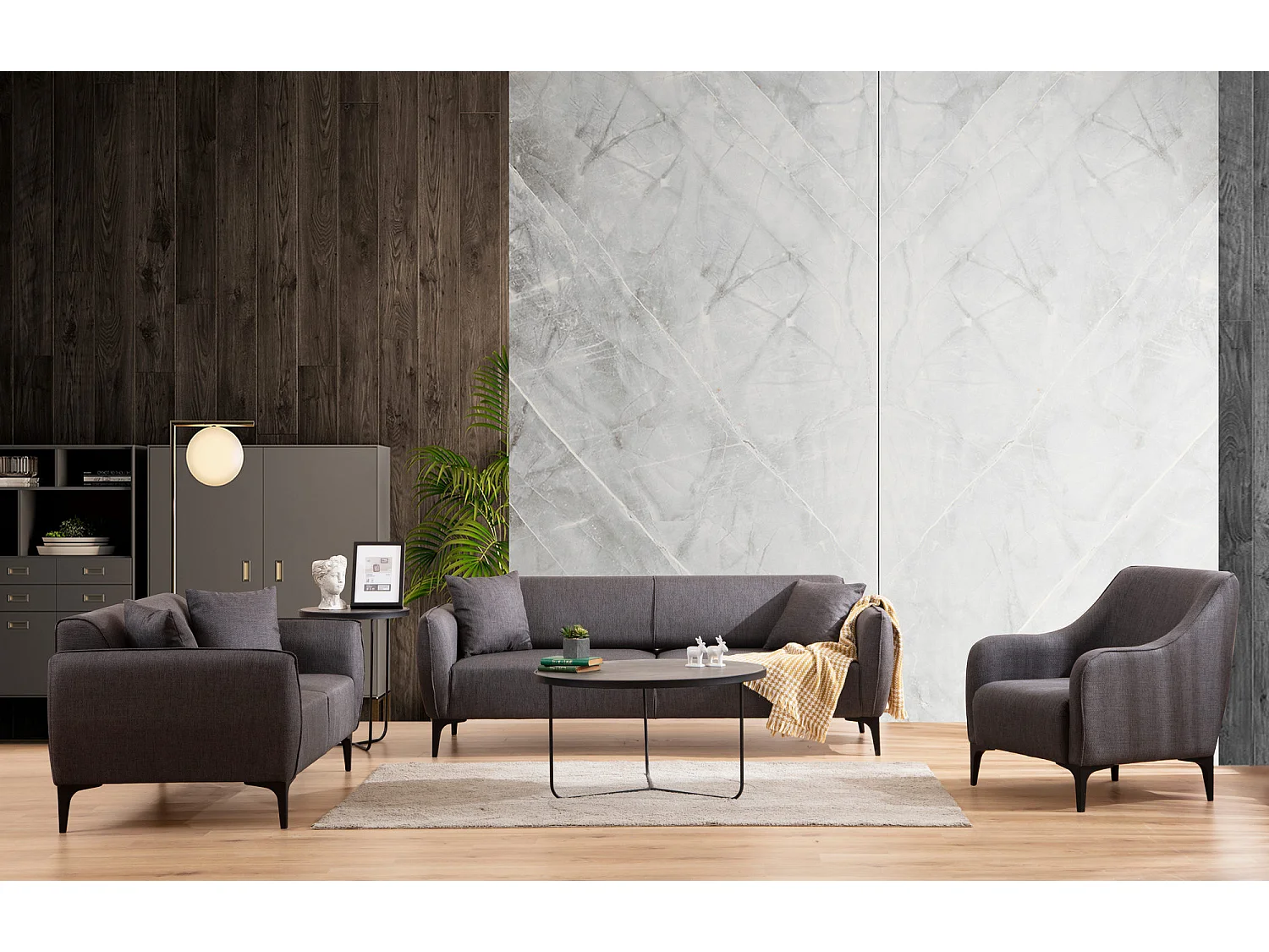 3-zits rechte bank donkergrijs stof Bellano 220 cm