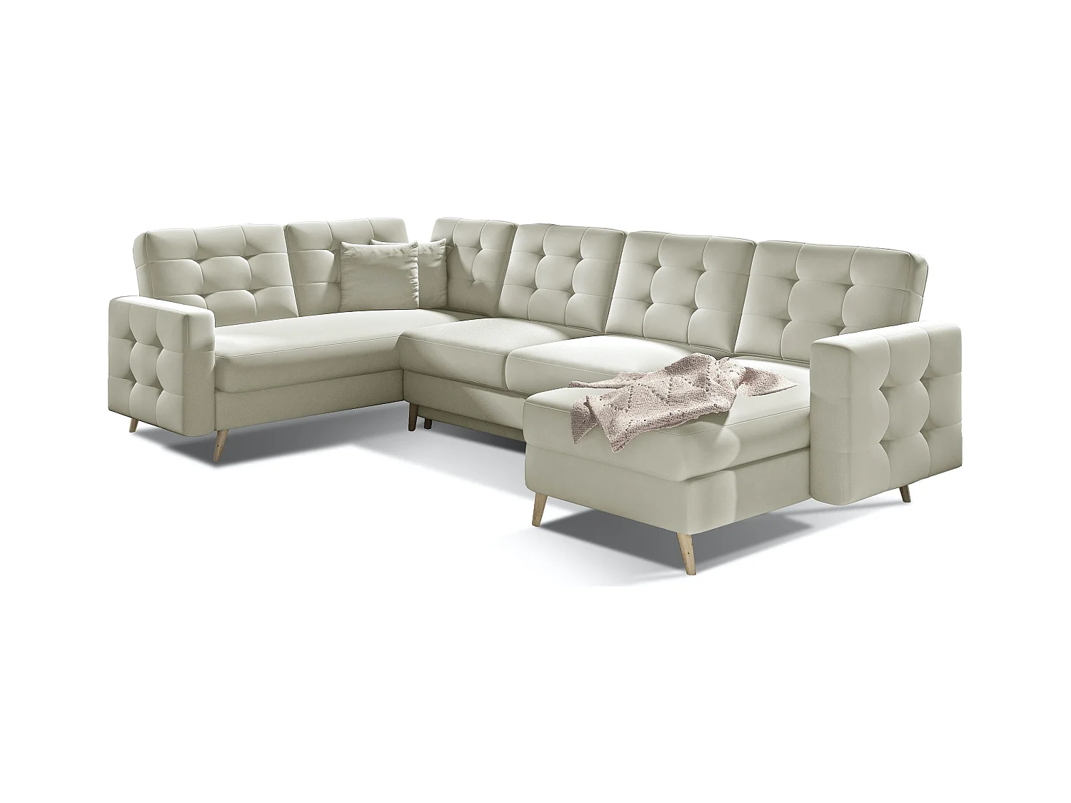 Canapé panoramique convertible capitonné simili cuir beige Anska 320cm