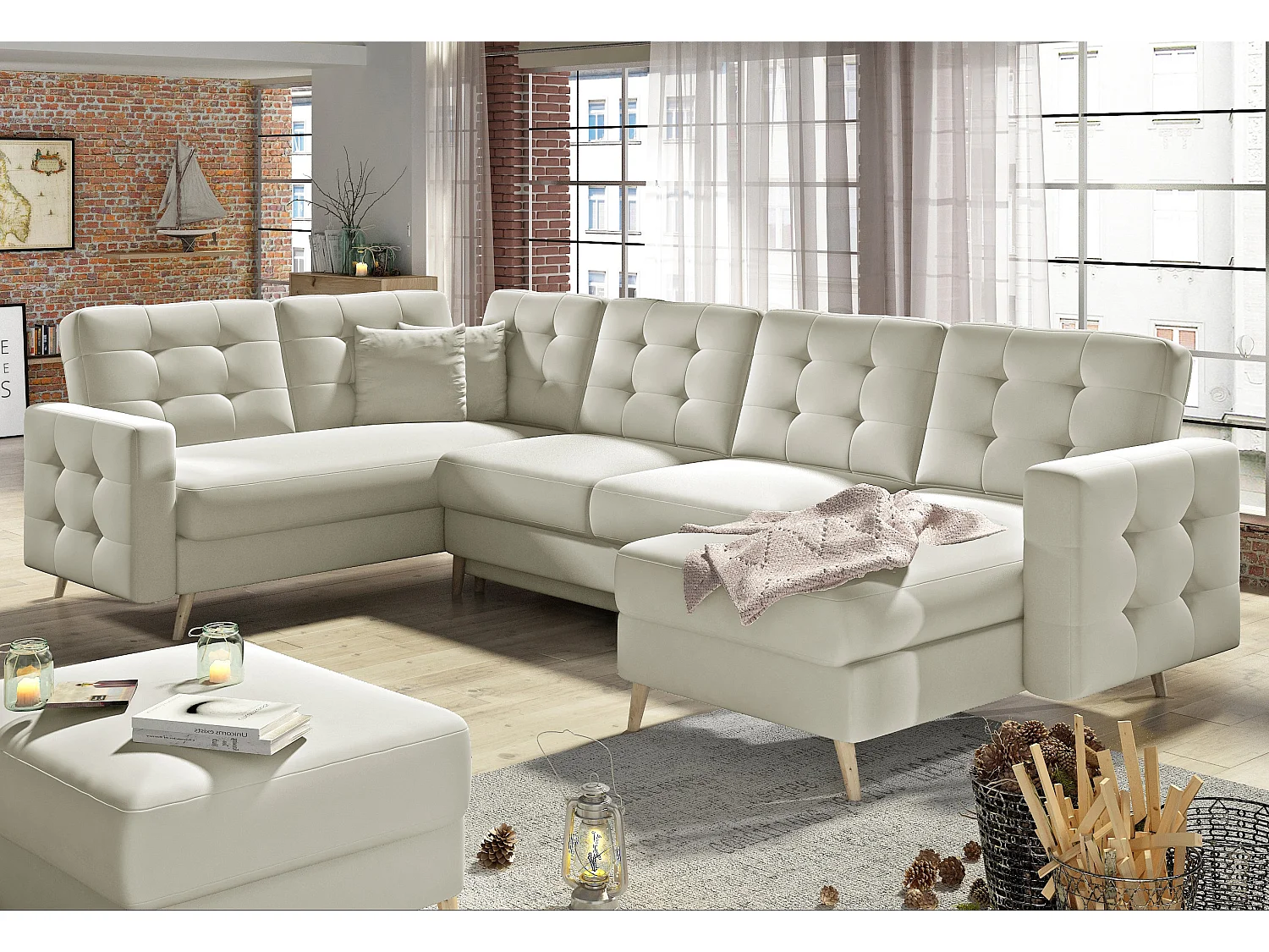 Canapé panoramique convertible capitonné simili cuir beige Anska 320cm