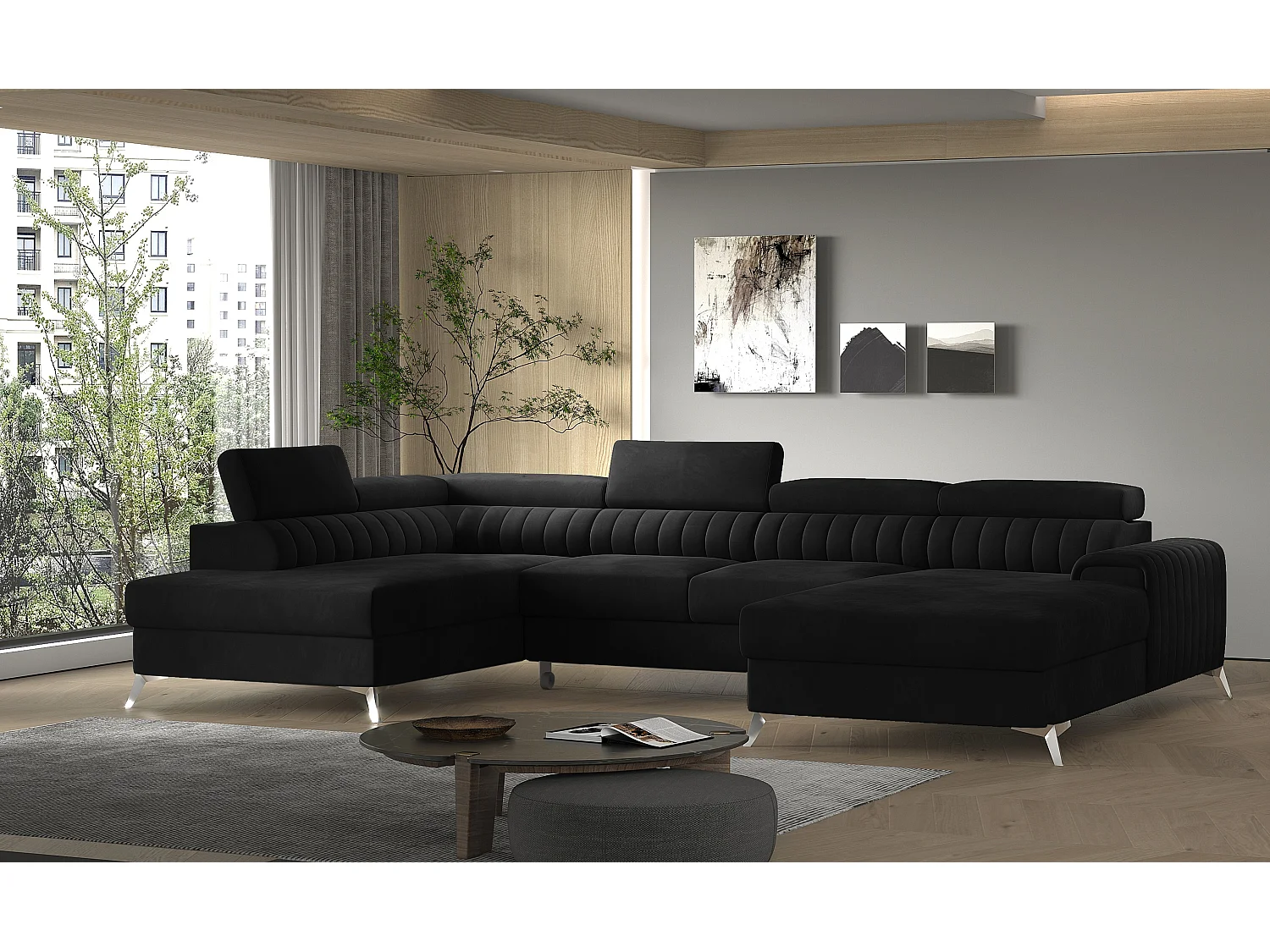 Hoekbank U zwart fluwelen opbergbox links Kalante 347 cm