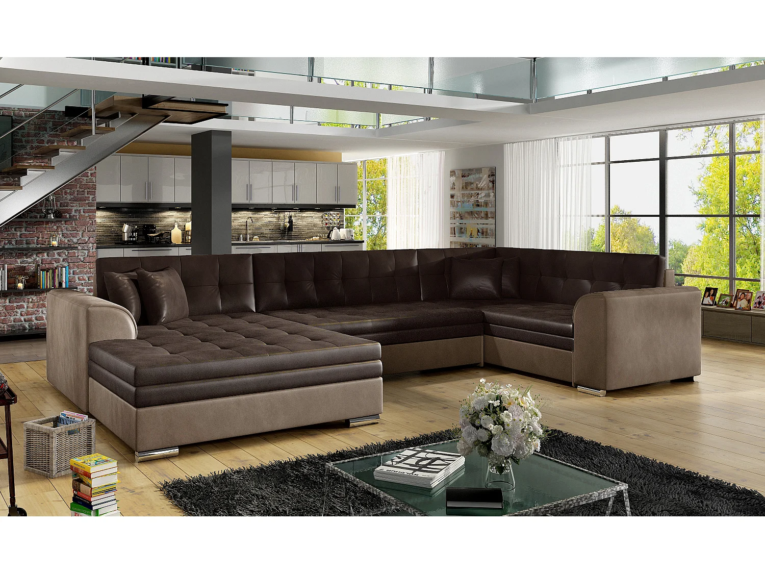 Canapé convertible panoramique velours marron clair et foncé méridienne à gauche Diana 340cm