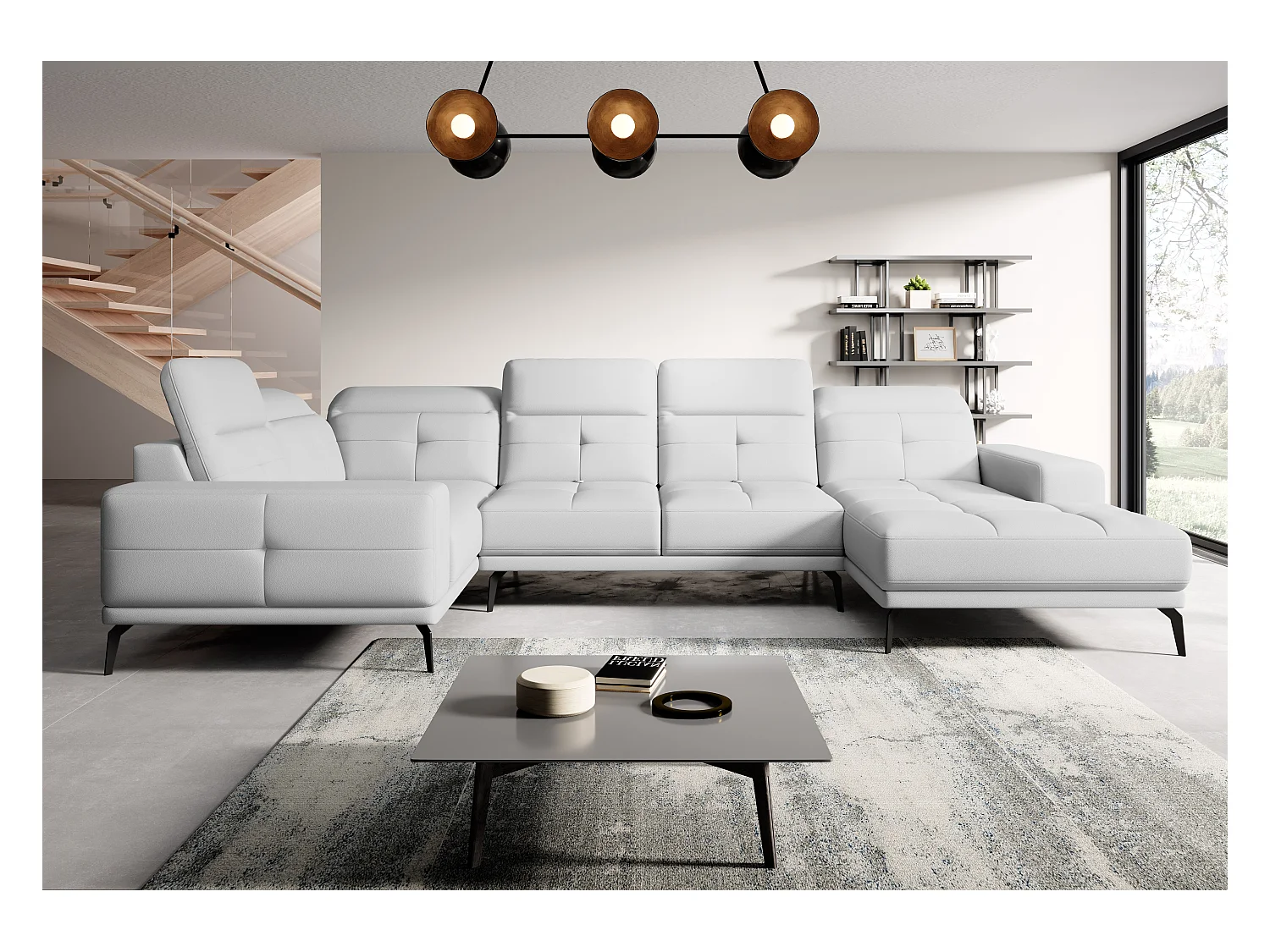 Canapé panoramique design simili cuir blanc têtières angle gauche avec accoudoir Stan 350cm
