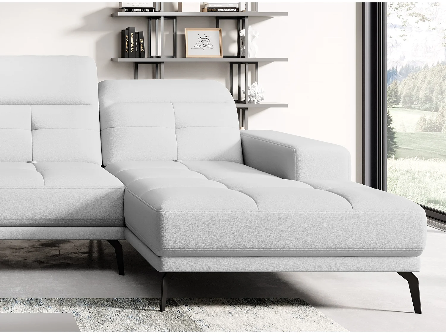 Design panoramische bank in wit imitatieleer hoofdsteunen linkerhoek met Stan armleuning 350 cm