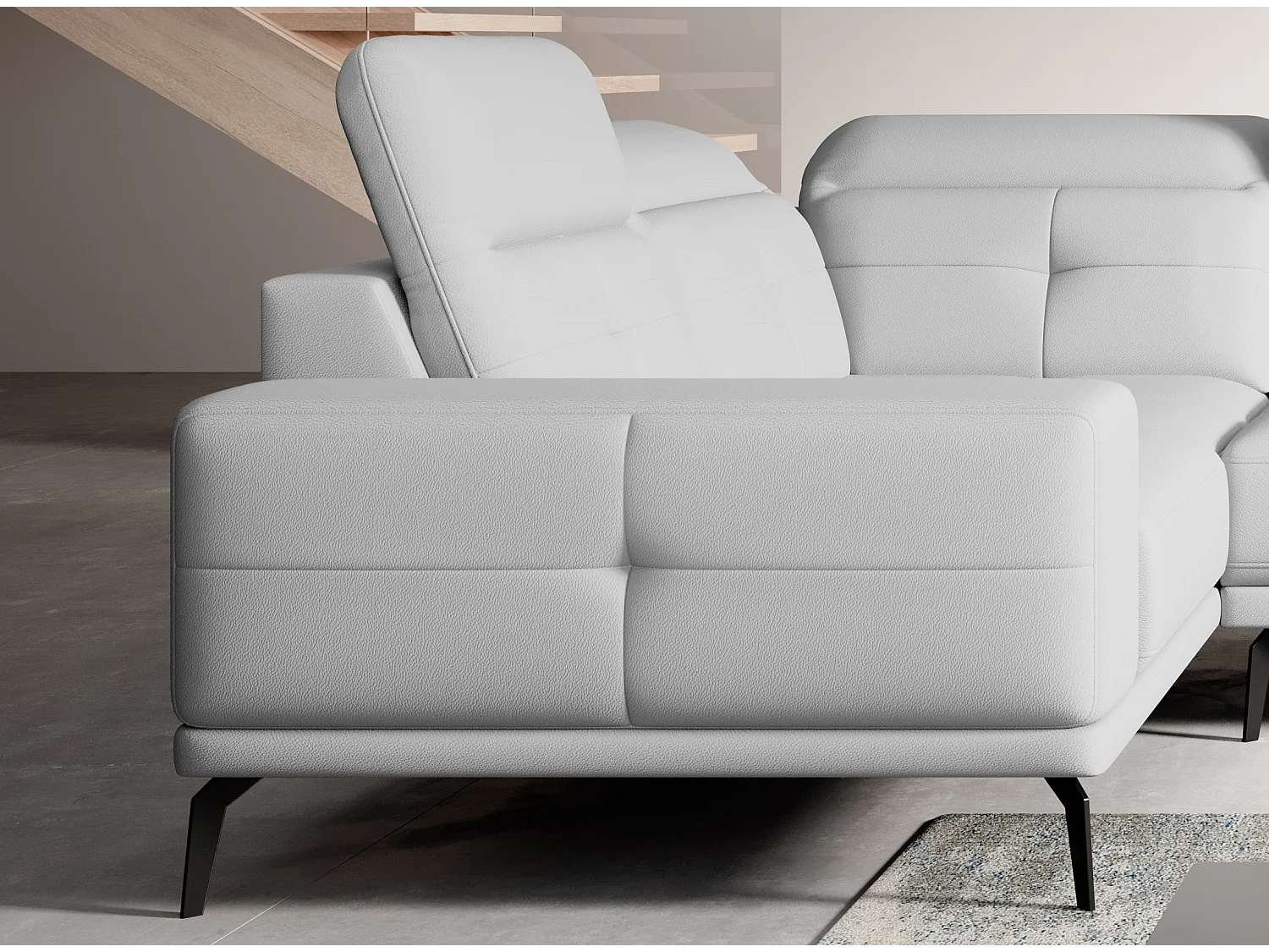 Design panoramische bank in wit imitatieleer hoofdsteunen linkerhoek met Stan armleuning 350 cm