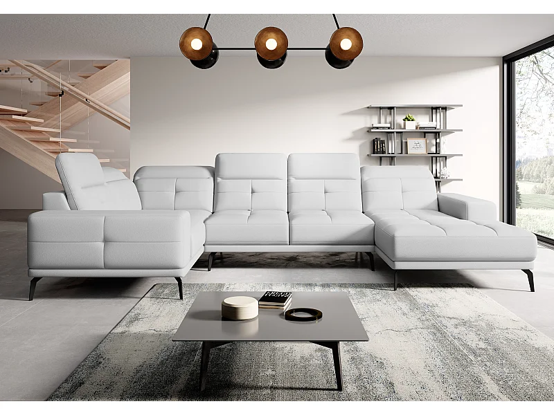 Canapé panoramique design simili cuir blanc têtières angle gauche avec accoudoir Stan 350cm