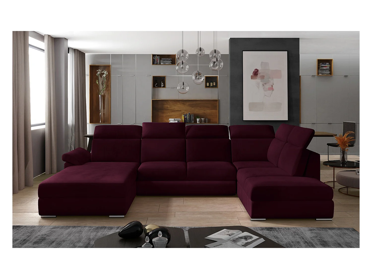 Canapé panoramique convertible velours bordeaux coffre de rangement à gauche Levano 330cm