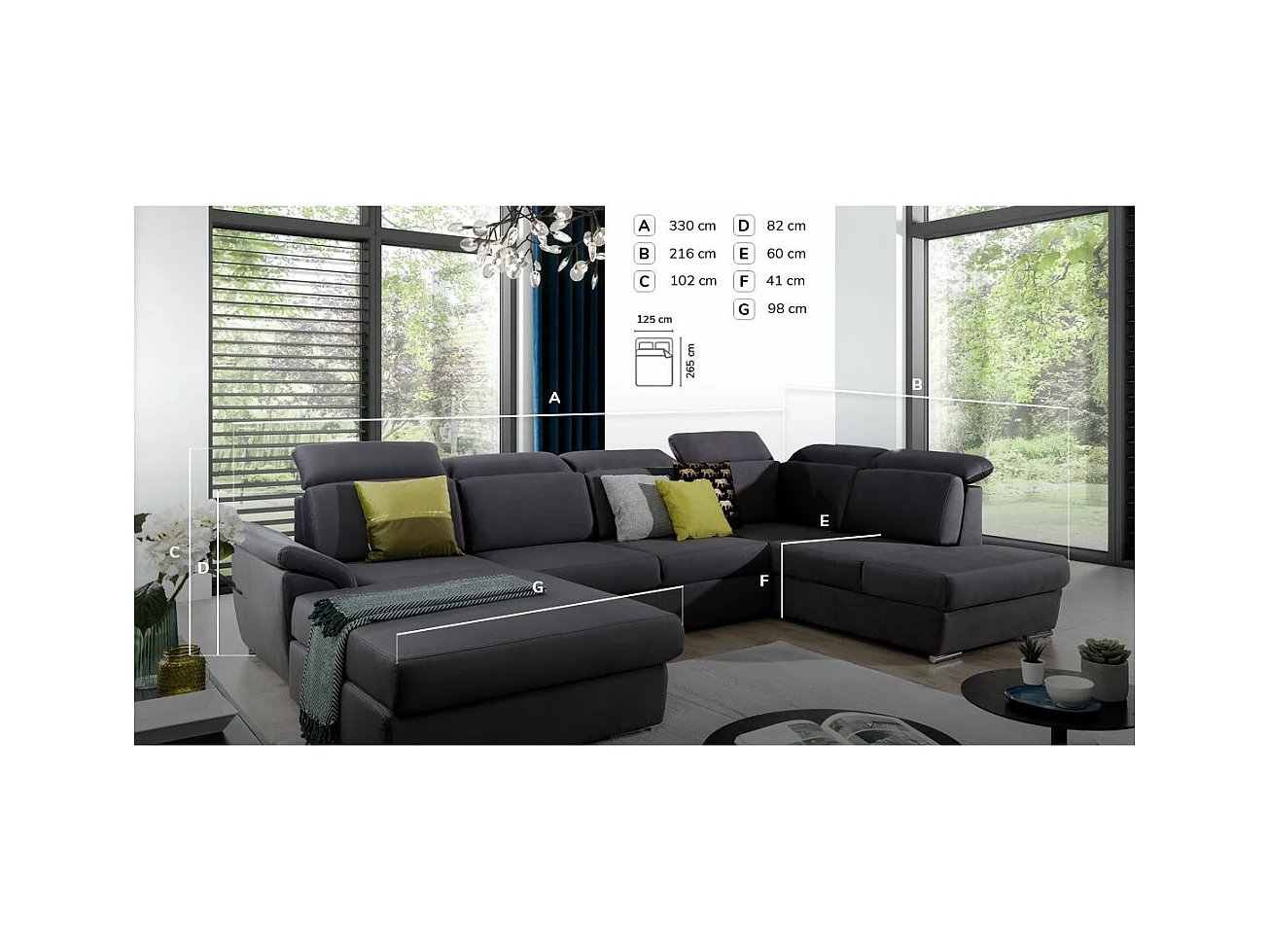 Canapé panoramique convertible velours bordeaux coffre de rangement à gauche Levano 330cm