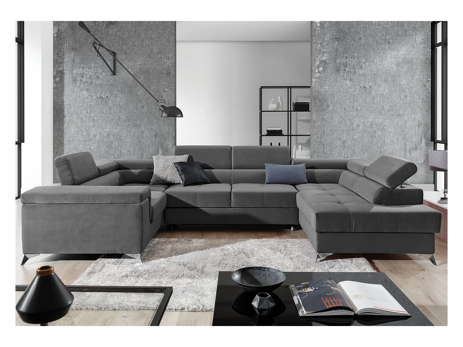 Canapé panoramique convertible velours gris foncé avec coffre de rangement Triano 342cm-Coffre de rangement à droite