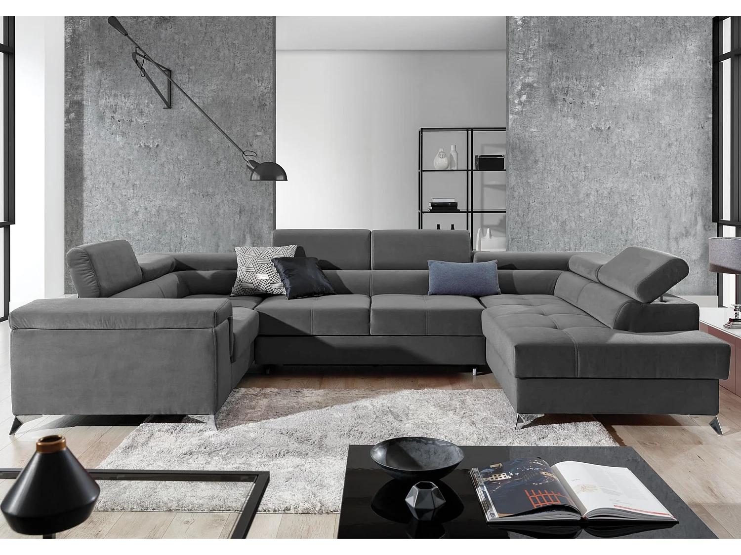 Canapé panoramique convertible velours gris foncé avec coffre de rangement Triano 342cm-Coffre de rangement à droite