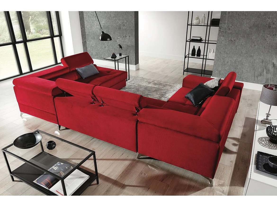 Canapé panoramique convertible velours gris foncé avec coffre de rangement Triano 342cm-Coffre de rangement à droite