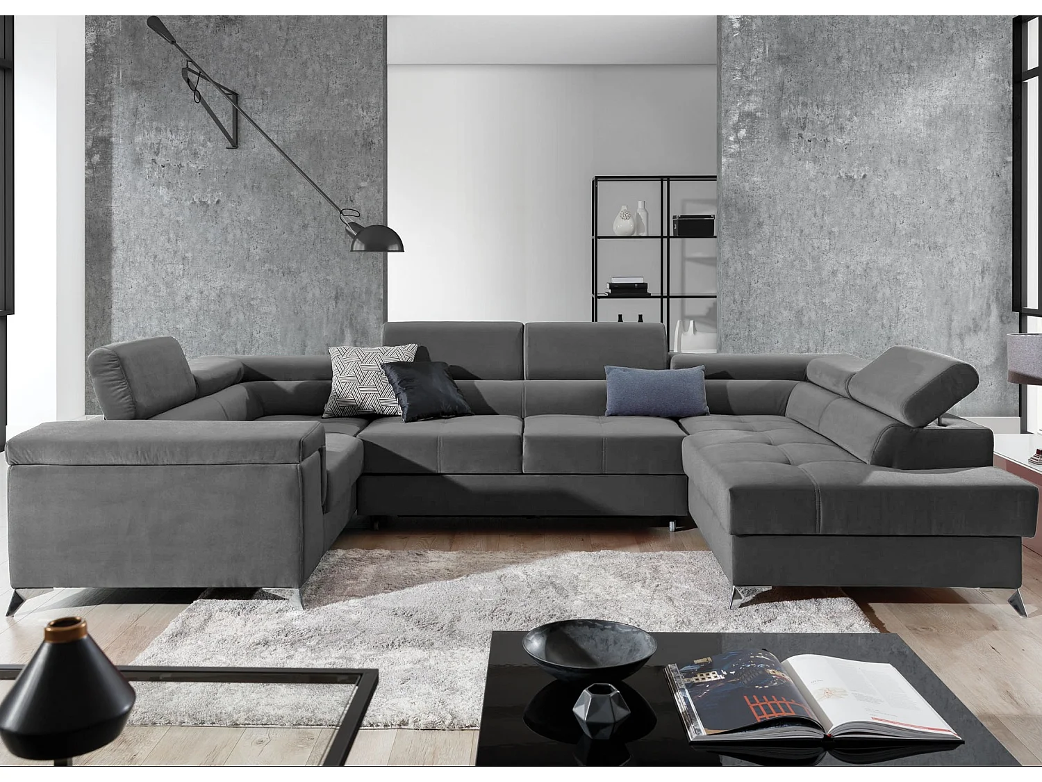 Canapé panoramique convertible velours gris foncé avec coffre de rangement Triano 342cm-Coffre de rangement à droite