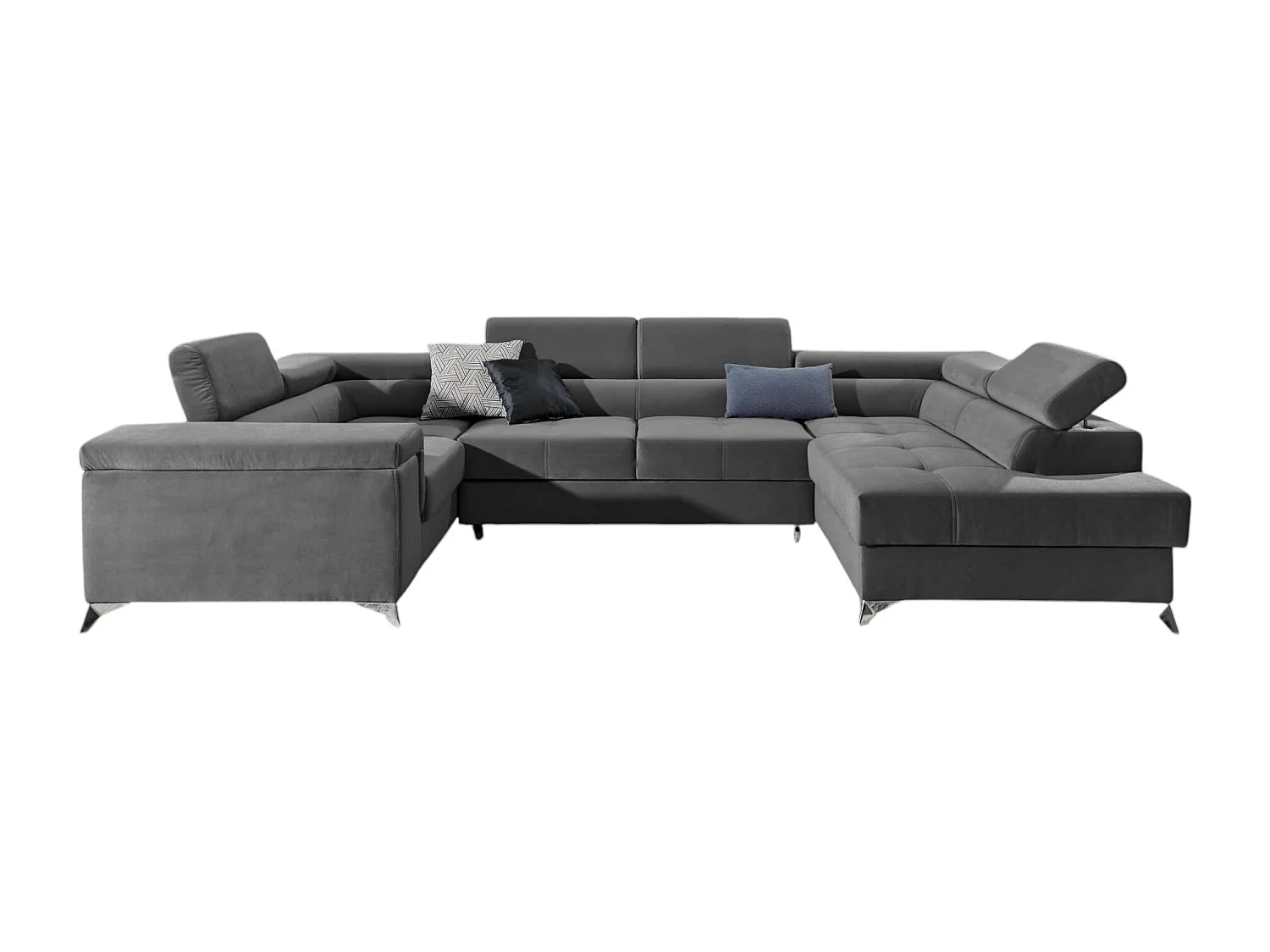 Canapé panoramique convertible TRIANO velours - têtières réglables-Gris foncé-Coffre à droite