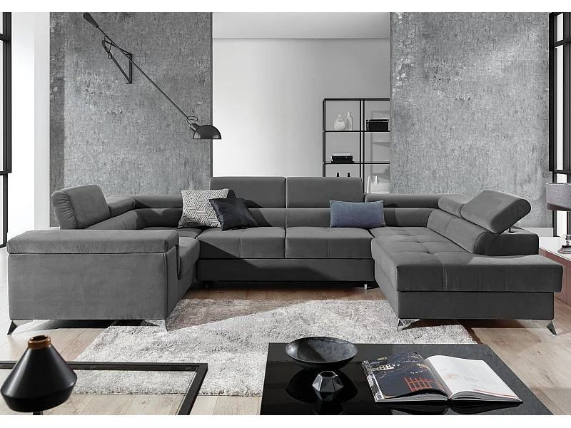 Canapé panoramique convertible velours gris foncé avec coffre de rangement Triano 342cm-Coffre de rangement à droite