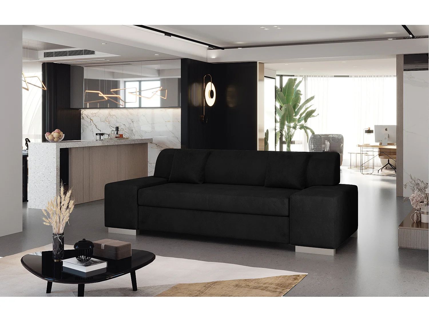 Canapé minimaliste 3-4 places velours noir Plazo 210cm