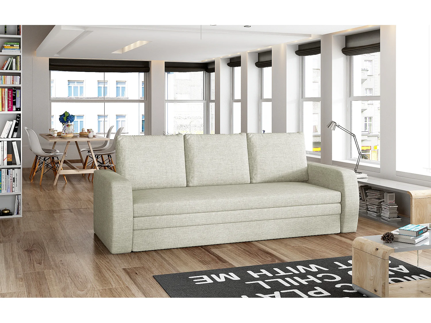 Canapé lit tissu beige clair avec coffre de rangement Liverna 220cm