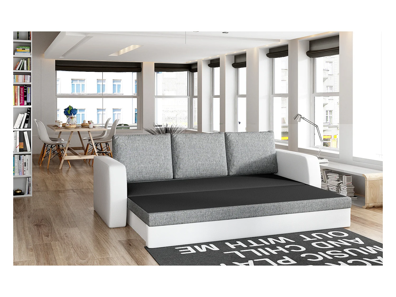 Canapé lit tissu beige clair avec coffre de rangement Liverna 220cm