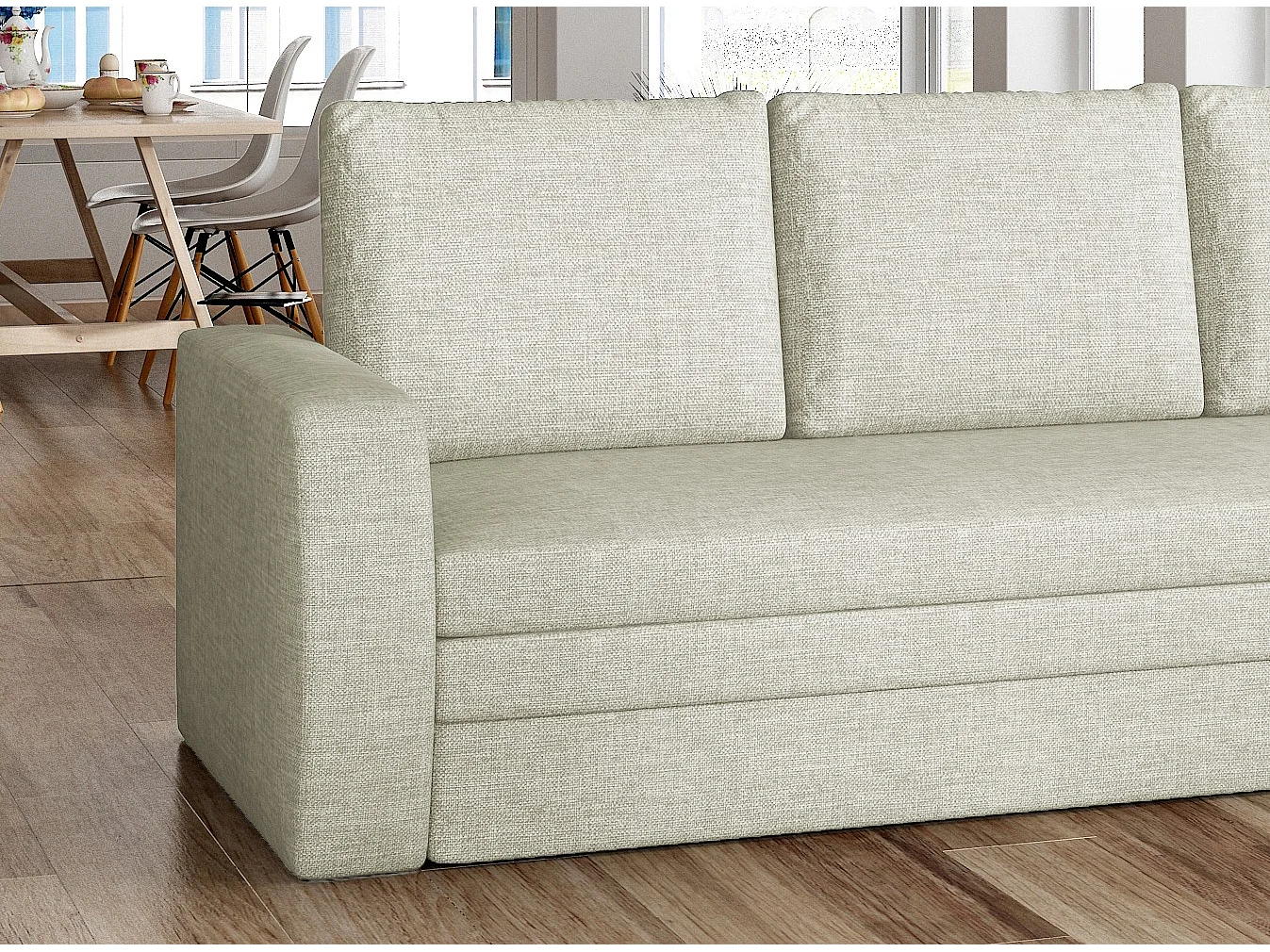 Canapé lit tissu beige clair avec coffre de rangement Liverna 220cm