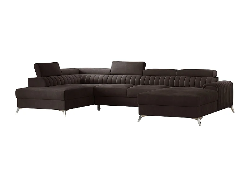 Canapé d'angle U velours marron coffre de rangement à gauche Kalante 347cm