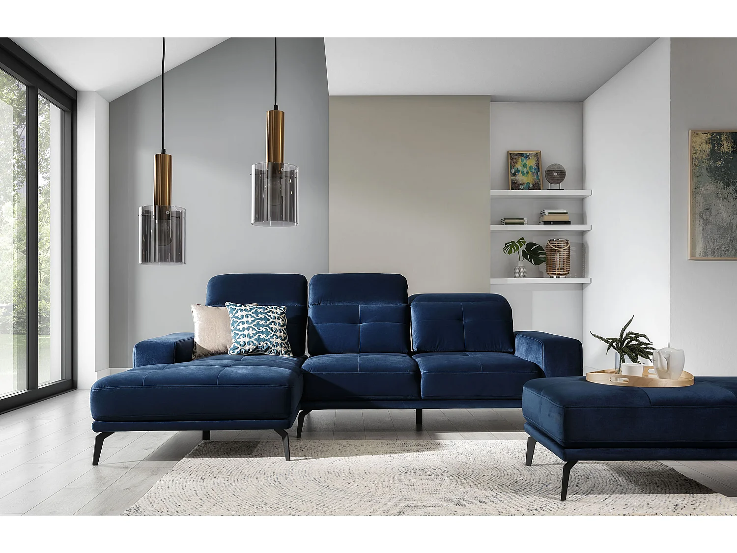 Canapé d'angle gauche 5 places velours bleu marine Torpille 265cm