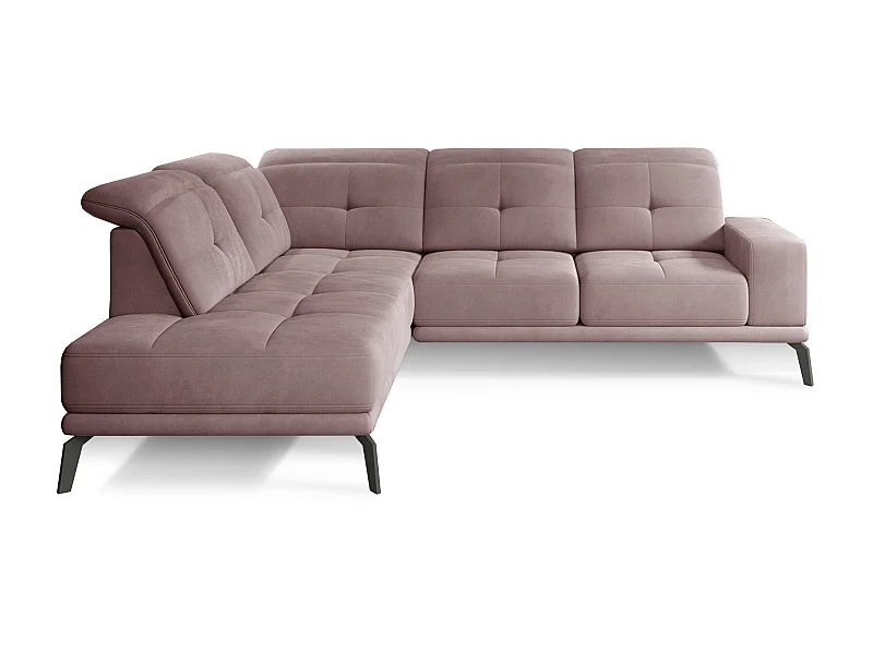 Canapé d'angle gauche design matelassé velours rose et pied noir Kazane 275cm