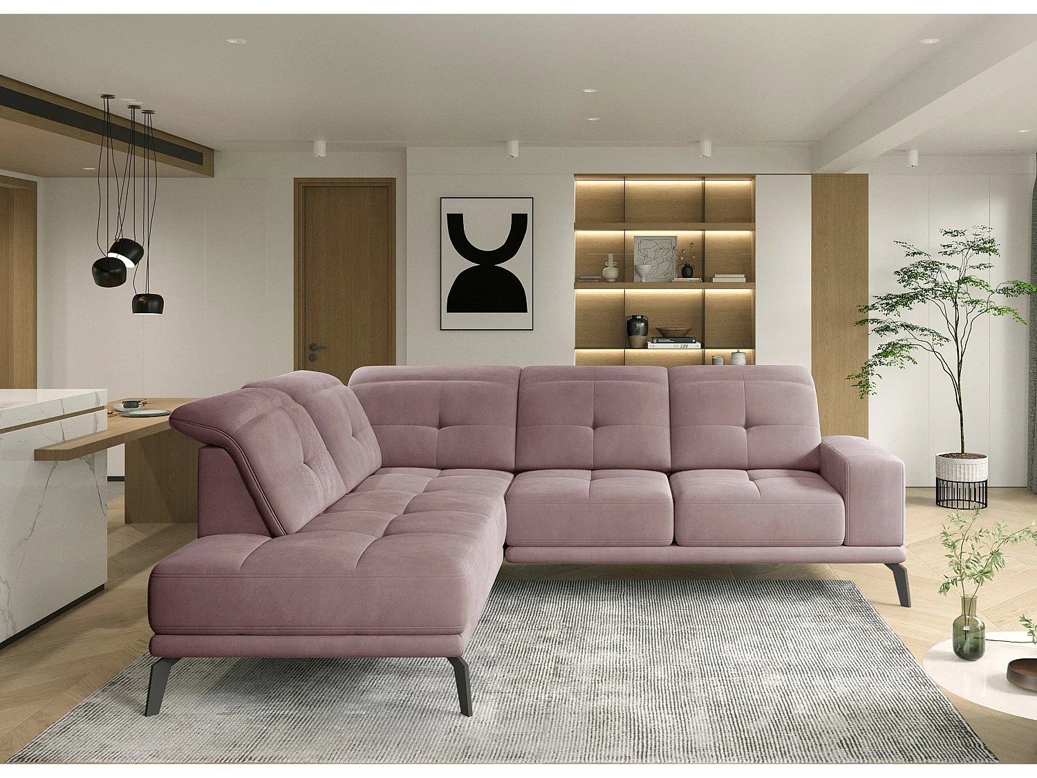 Canapé d'angle gauche design matelassé velours rose et pied noir Kazane 275cm