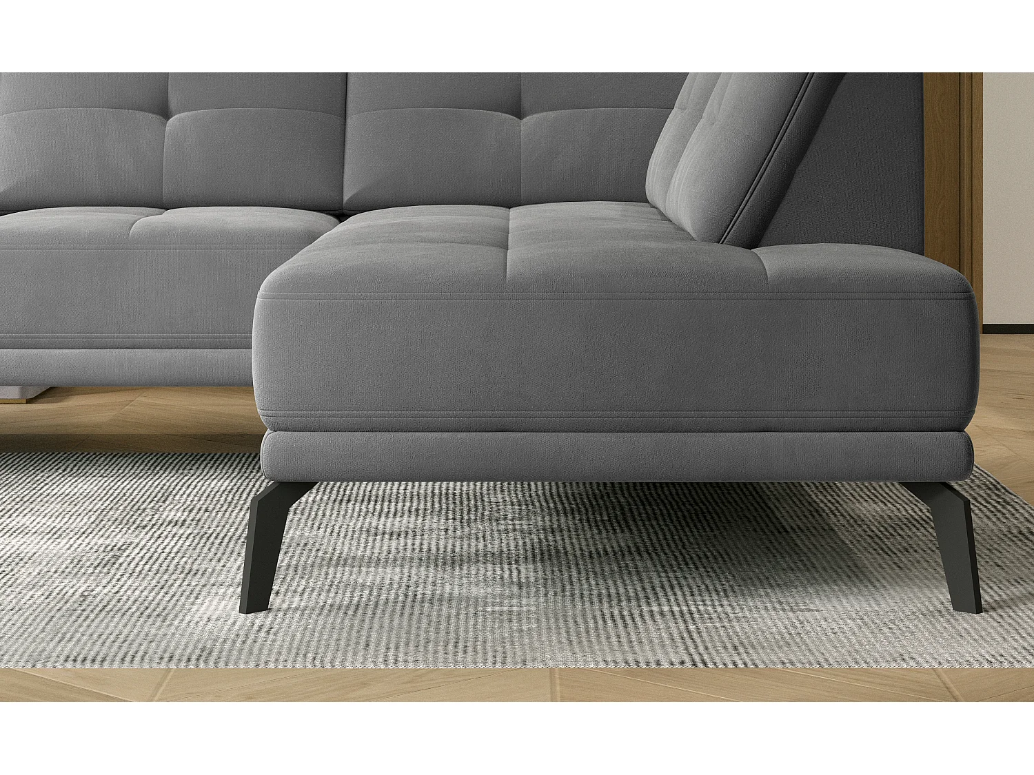 Canapé d'angle gauche design matelassé velours rose et pied noir Kazane 275cm