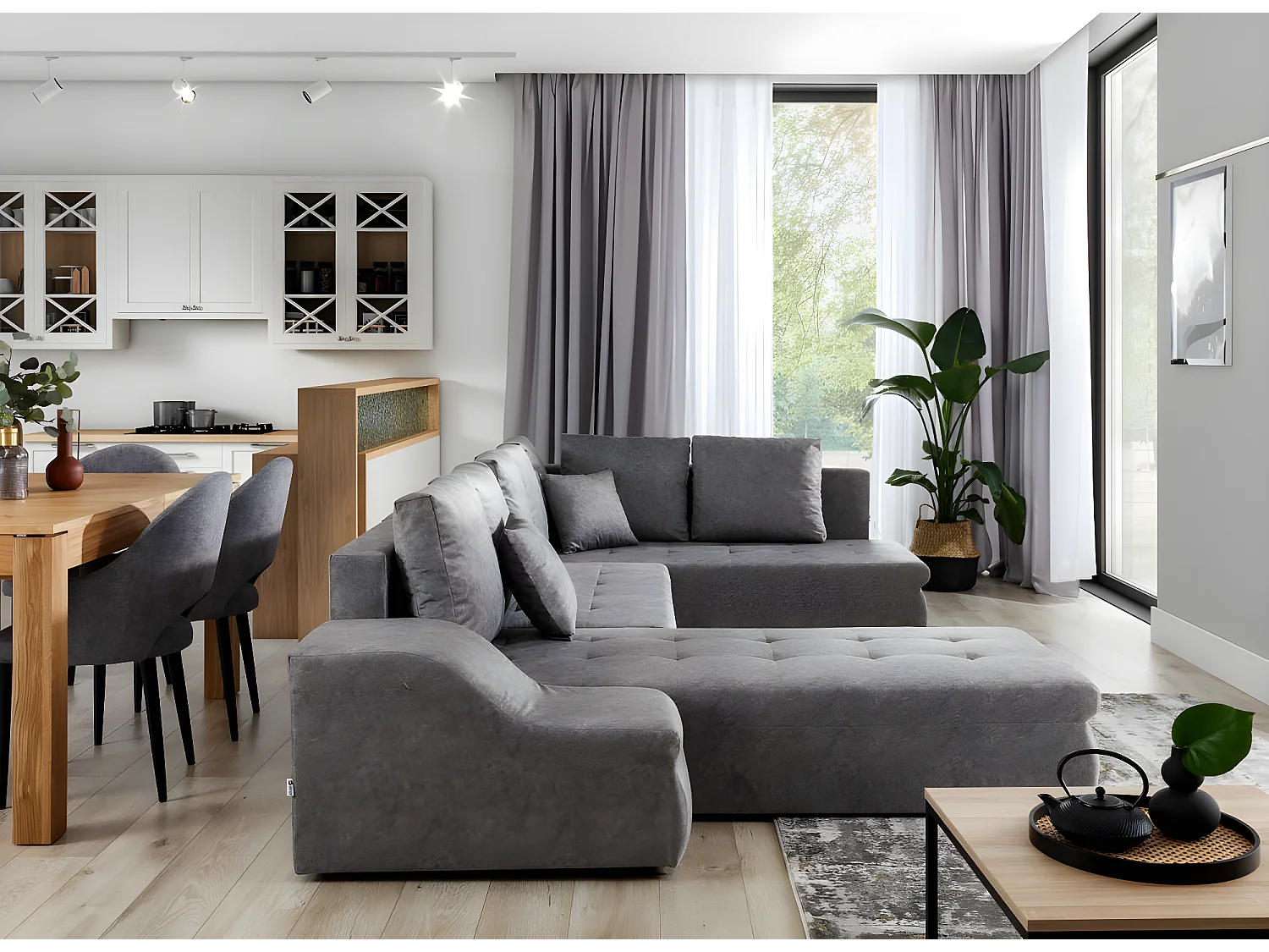 Canapé panoramique convertible simili cuir noir Jonaz 340cm-Méridienne A gauche