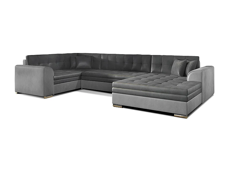 Panoramische slaapbank lichtgrijs fluweel en antraciet chaise longue rechts Diana 340 cm