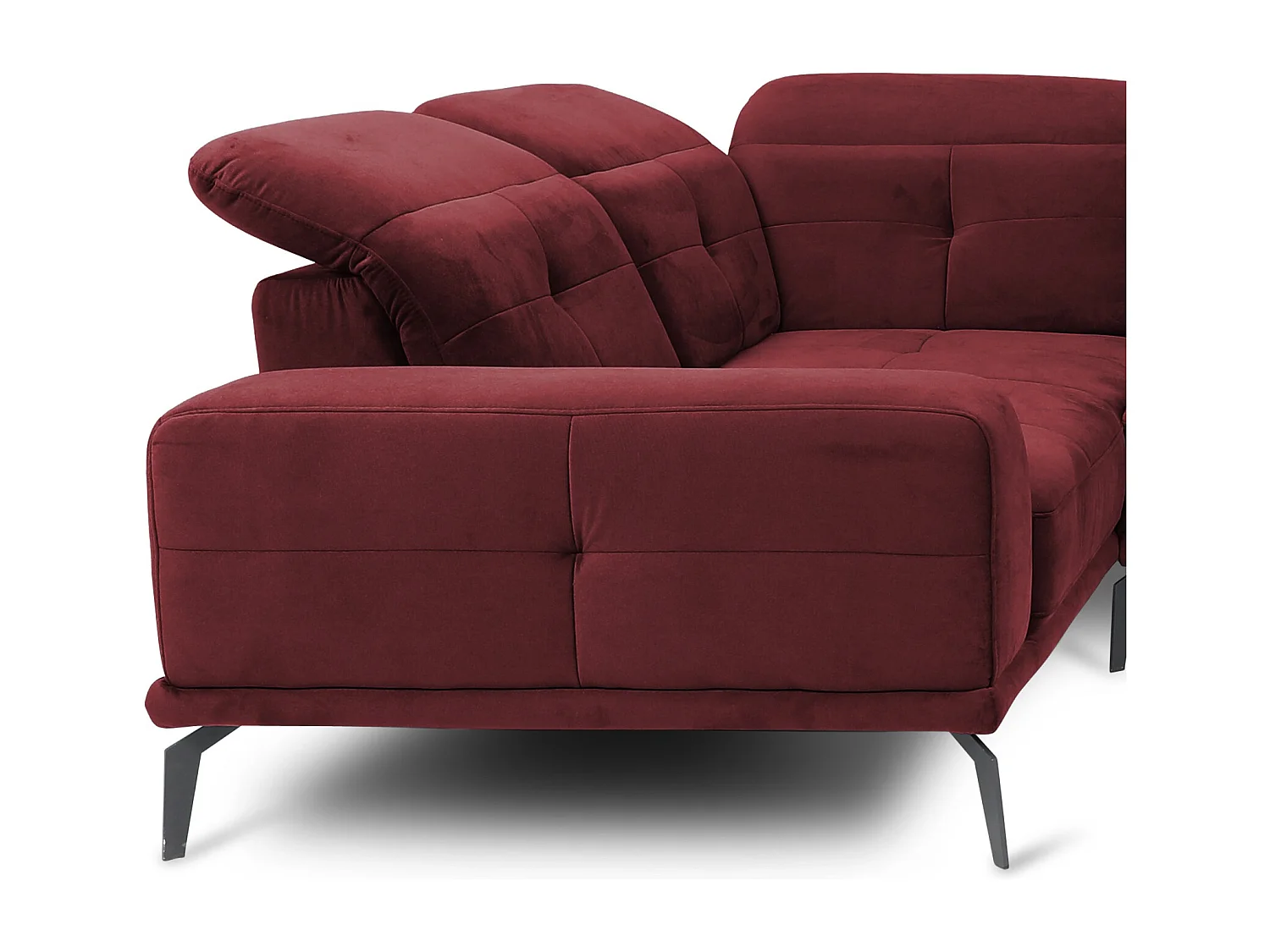 Panoramische bank design bordeaux fluwelen hoofdsteun linkerhoek met armleuning Stan 350 cm