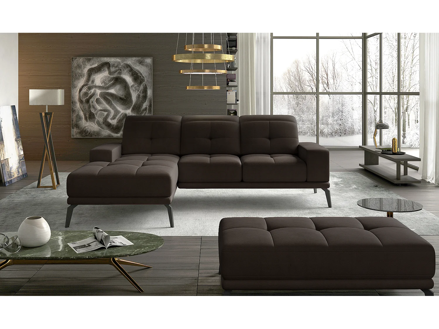 Canapé d'angle gauche 5 places velours marron Torpille 265cm