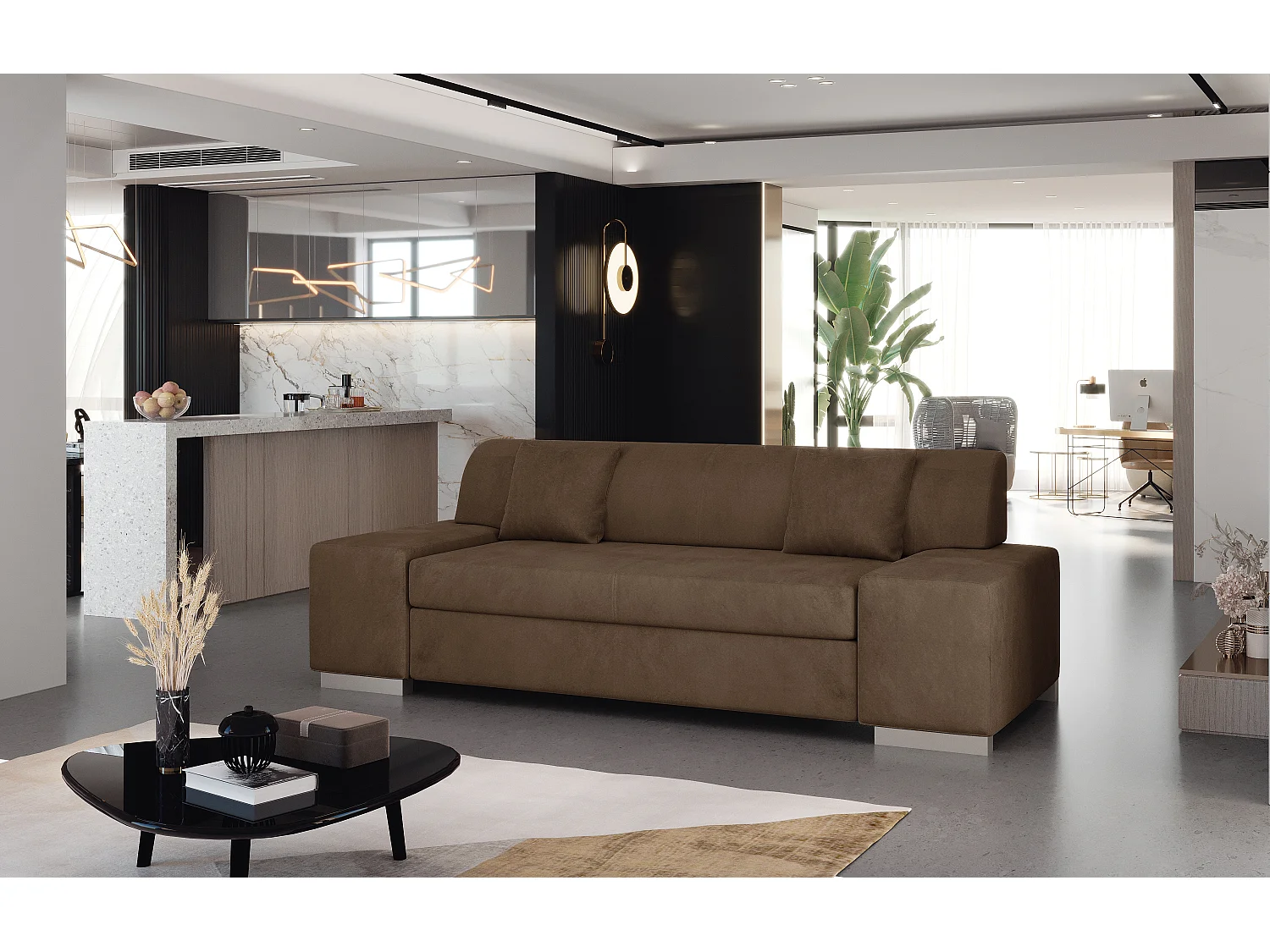 Canapé minimaliste 3-4 places velours marron Plazo 210cm