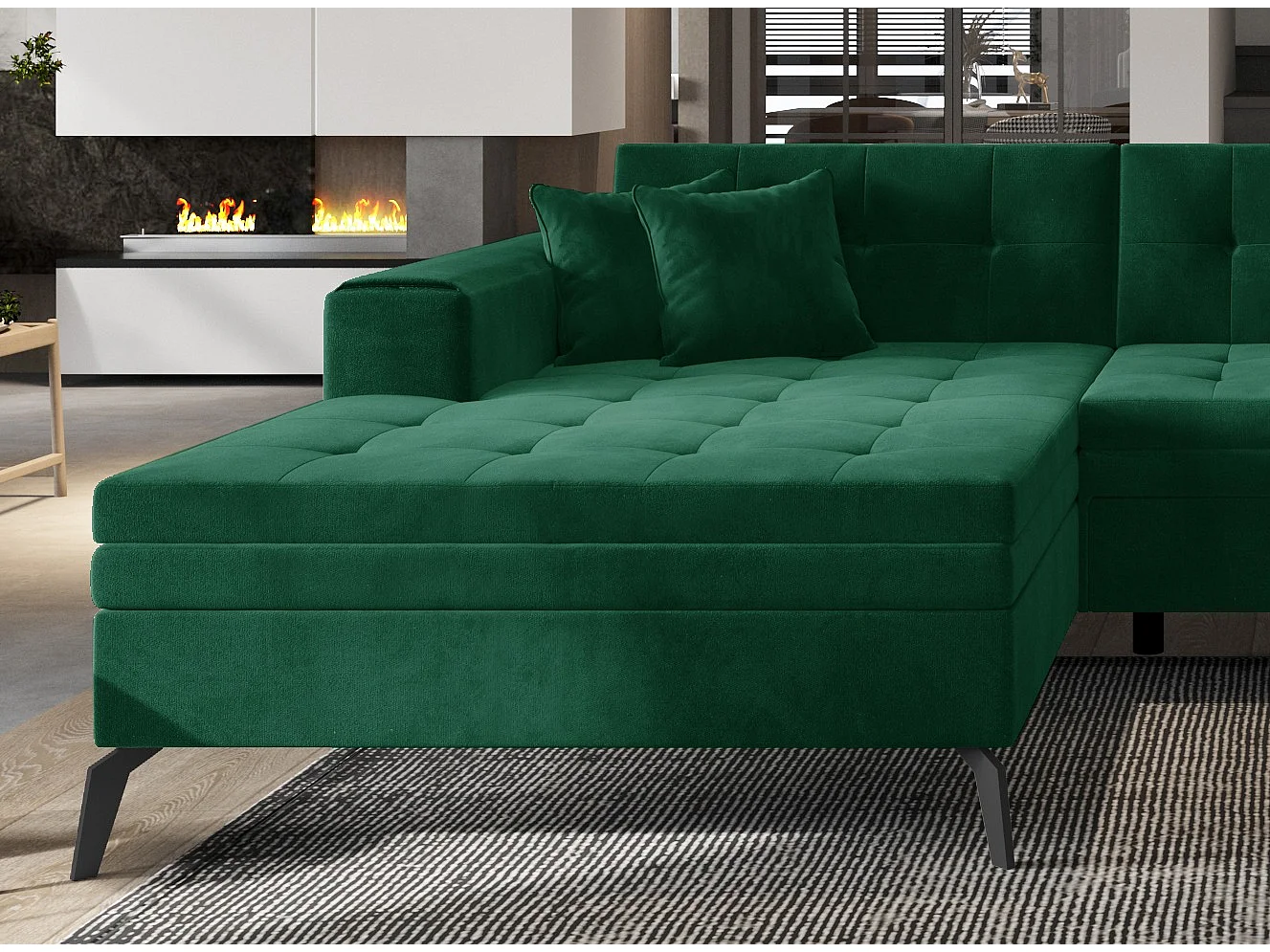Canapé panoramique convertible gauche tissu vert matelassé Bonty 340cm