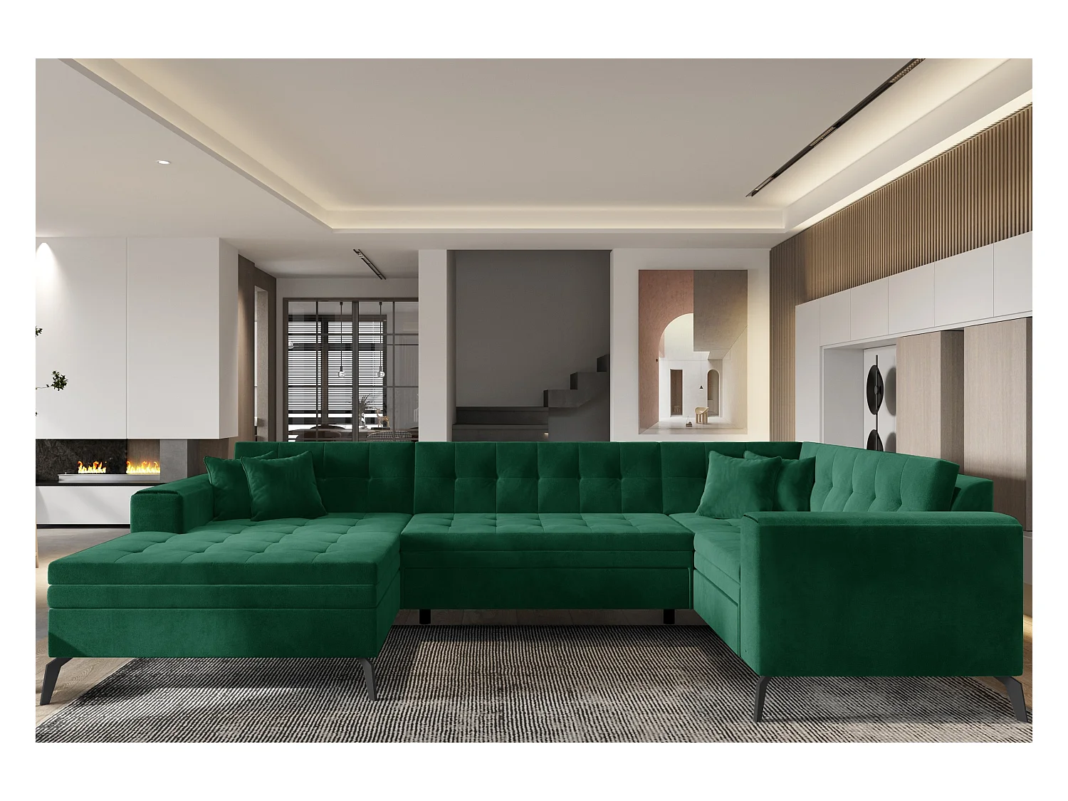 Canapé panoramique convertible gauche tissu vert matelassé Bonty 340cm