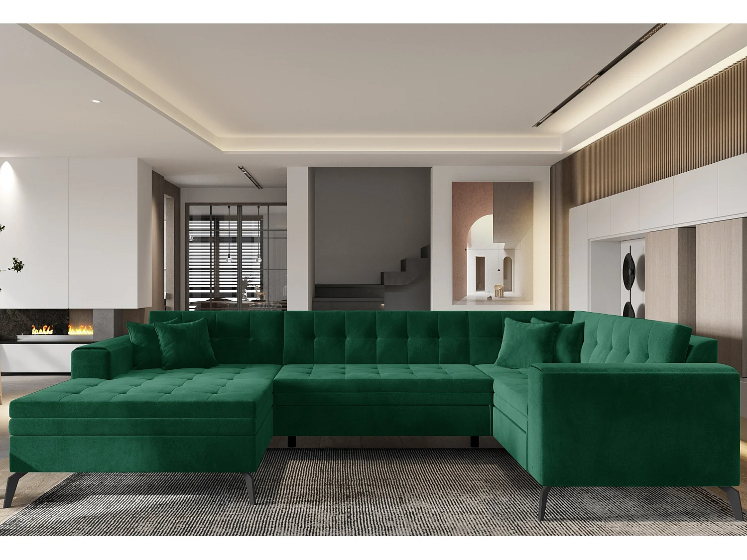 Canapé panoramique convertible gauche tissu vert matelassé Bonty 340cm