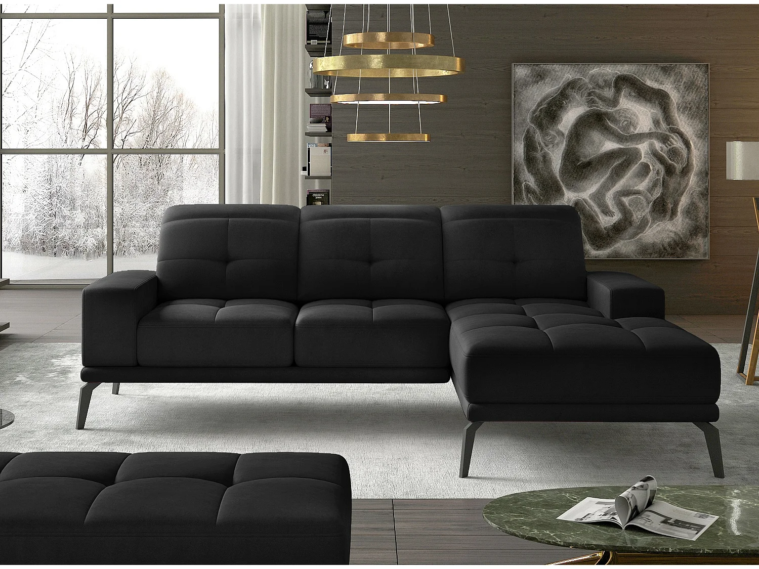 Torpille 5-zits zwart fluwelen hoekbank rechts 265 cm
