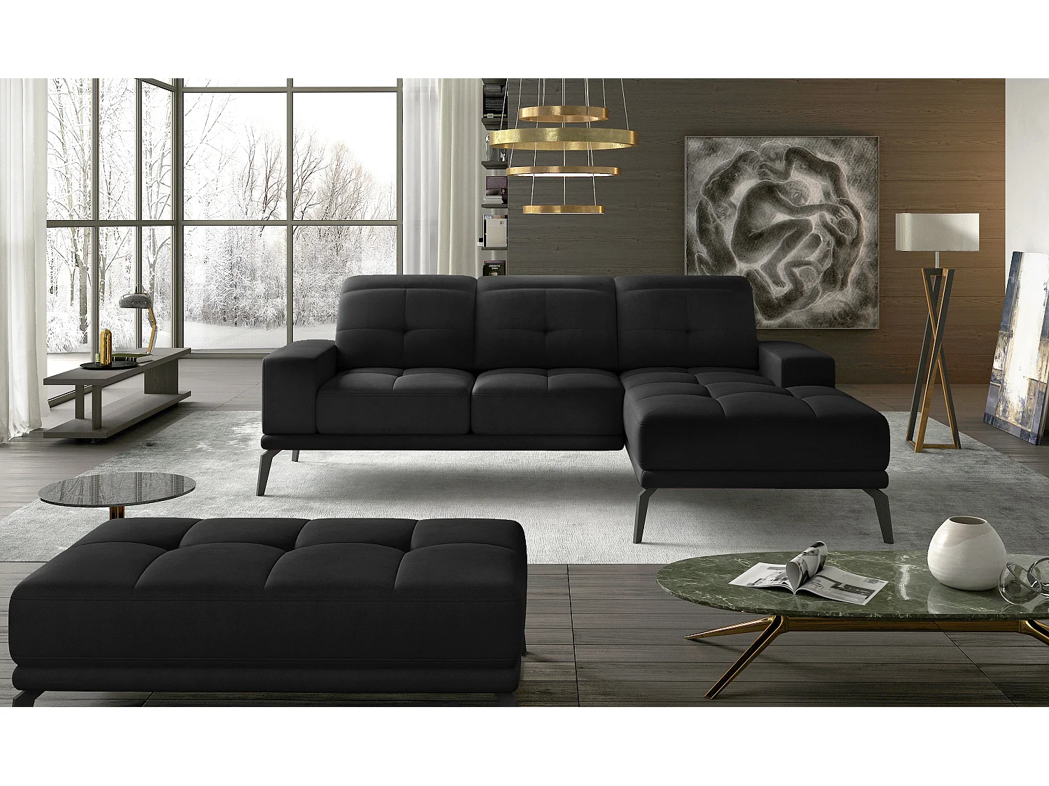 Torpille 5-zits zwart fluwelen hoekbank rechts 265 cm
