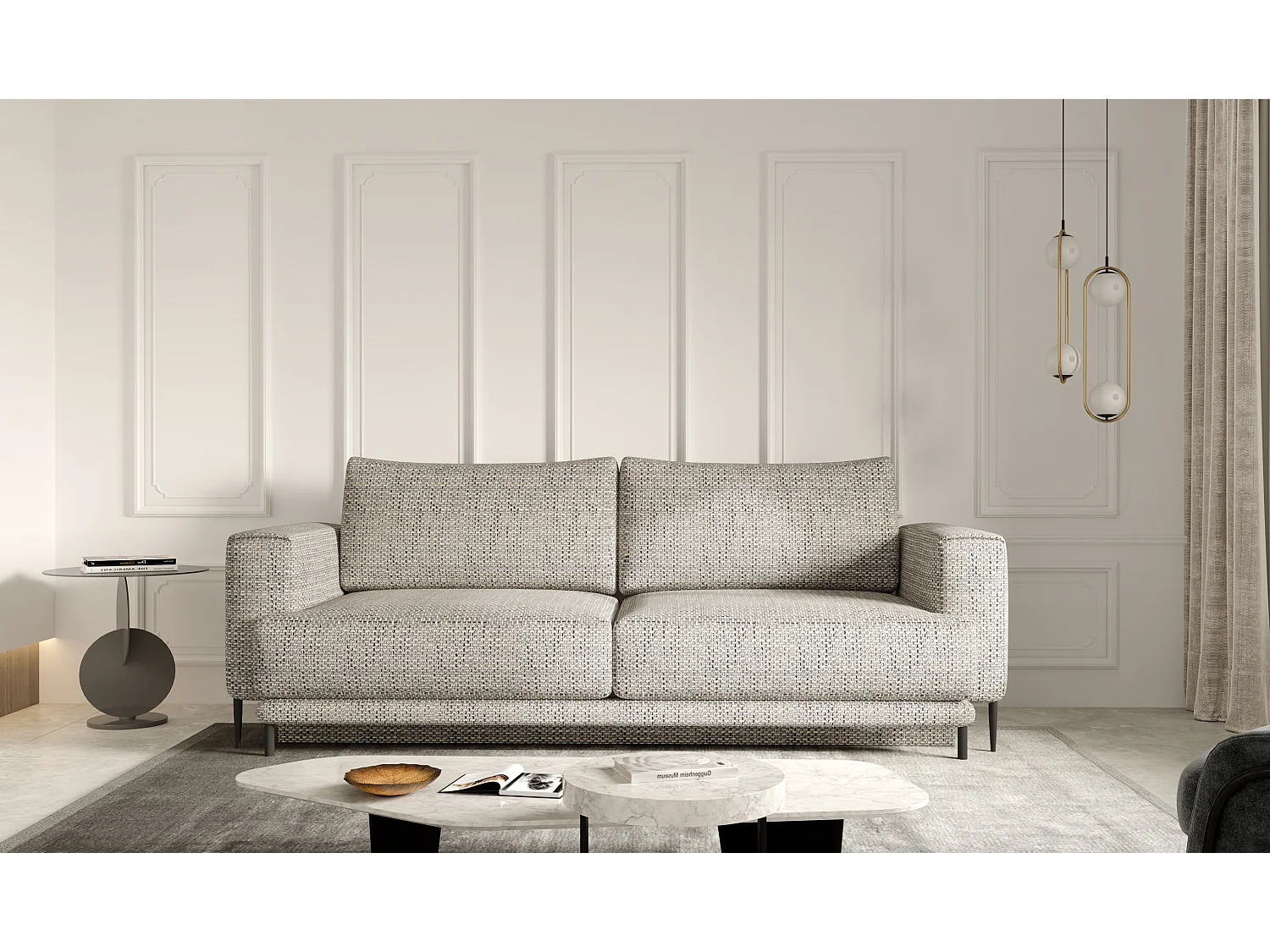 Sofá convertible recto de tela DAVINA con compartimento de almacenamiento - Patas de metal negro-Color Beige jaspeado