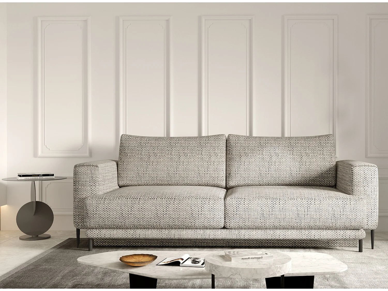 Canapé droit convertible 3 places tissu DAVINA 246cm - Coffre & pieds métal noir-Beige chiné