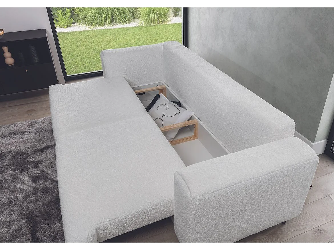 Canapé droit convertible 3 places tissu DAVINA 246cm - Coffre & pieds métal noir-Beige chiné