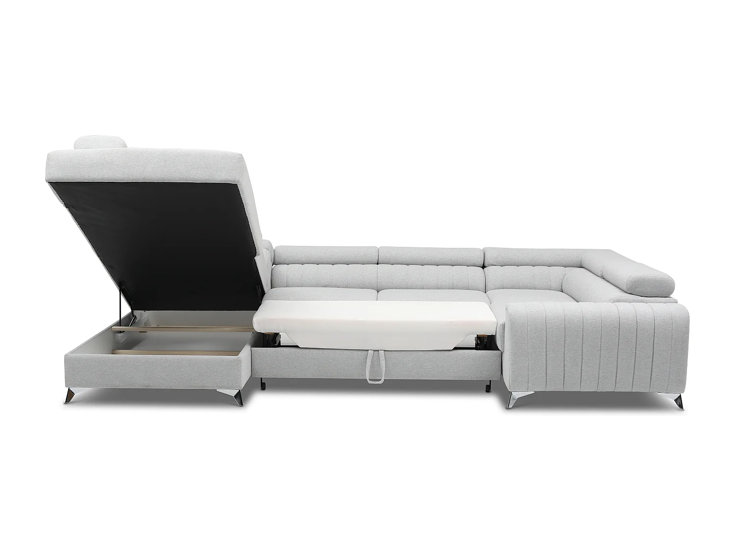 Canapé panoramique convertible simili cuir blanc avec coffre de rangement Louve 340cm-Coffre de rangement à gauche