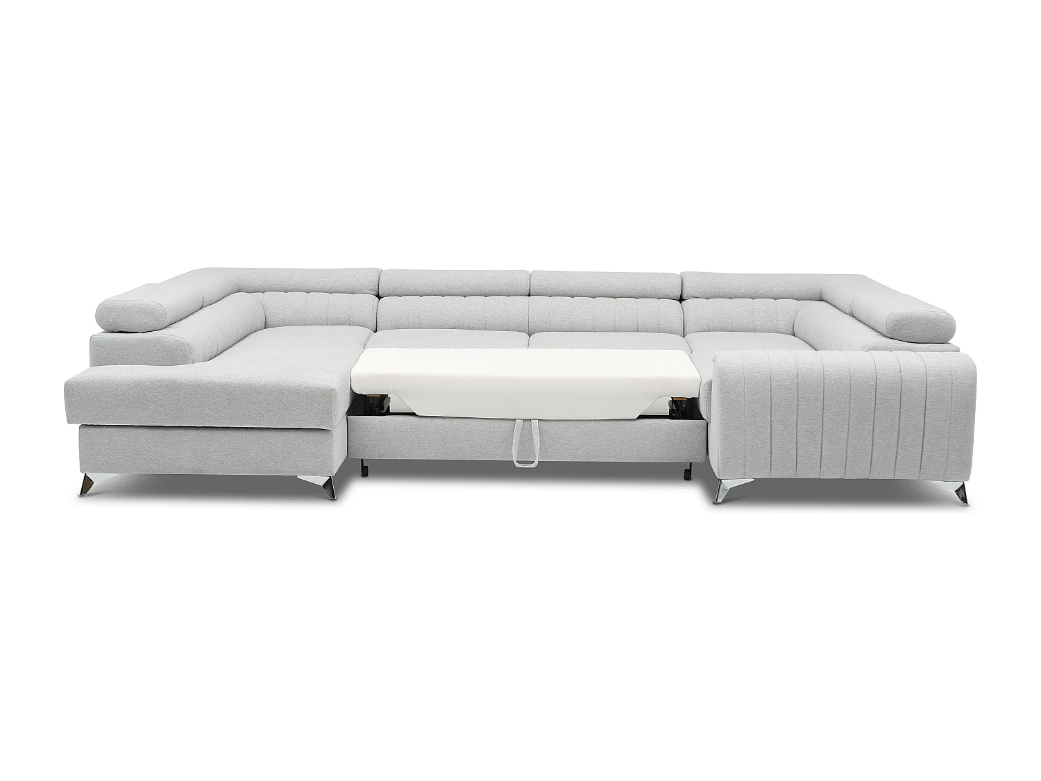 Canapé panoramique convertible simili cuir blanc avec coffre de rangement Louve 340cm-Coffre de rangement à gauche